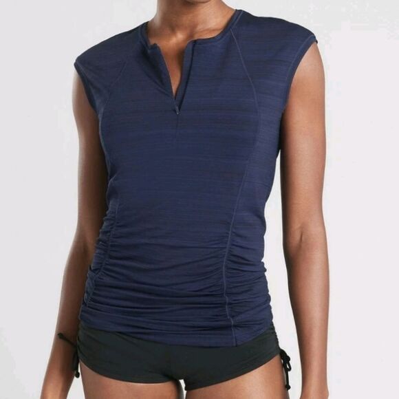 Athleta Large Pacifica Contour Tee  Navy Blue Ruched Front, Back Pocket Muscle - Picture 1 of 9